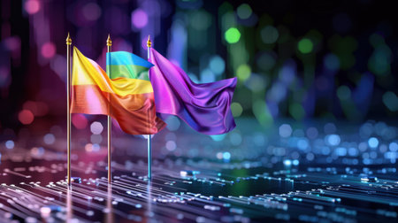 Colorful flags in vibrant hues of yellow, blue, and purple gracefully flutter against an abstract background, representing unity and diversity in modern society.の素材