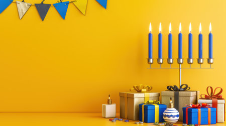A vibrant scene featuring a menorah with blue candles and beautifully wrapped gifts on a bright yellow background. Perfect for Hanukkah celebrations.の素材