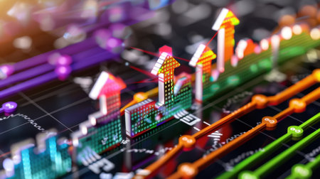 A vibrant financial chart depicting upward arrows symbolizes growth and market success. This colorful representation highlights key data and analysis trends.の素材