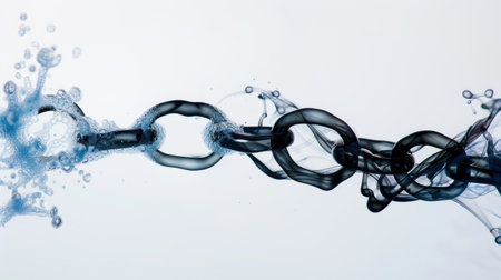 This striking image features a black chain submerged in water, creating an energetic splash and emphasizing movement and strength. The dynamic interaction highlights the beauty of fluidity in design.の素材