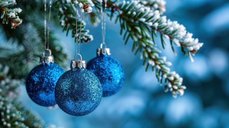 Celebrate the holiday spirit with this stunning image of vibrant blue ornaments sparkling on snow-dusted pine branches, capturing winter beauty.の素材