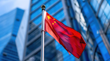 The image captures a vibrant Chinese flag waving proudly in the foreground of a modern skyline, showcasing urban development and national pride.の素材
