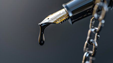 A striking close-up of a luxury fountain pen with an ink droplet hanging from its nib, attached to a metal chain, set against a dark background.の素材