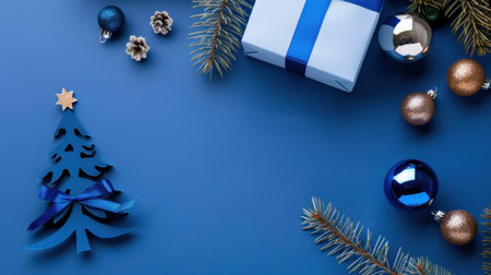 A beautiful arrangement of blue Christmas decorations including a gift, ornaments, and a decorative tree made from paper, set against a solid blue background.の素材