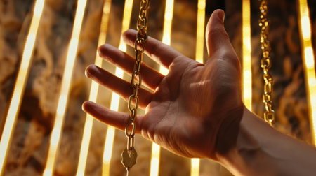 A close-up of a human hand reaching out towards shimmering gold chains illuminated by vibrant light rays, creating an artistic and luxurious ambiance.の素材