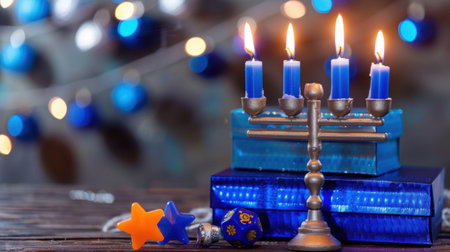 A beautifully arranged menorah with blue candles stands on a wooden table, surrounded by decorative elements, embodying the spirit of Hanukkah celebrations.の素材