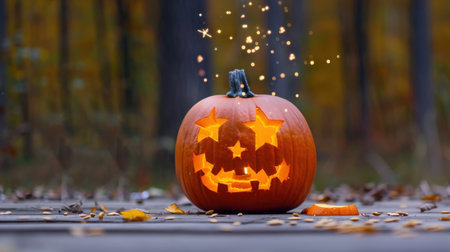 A charming Halloween pumpkin with playful star cutouts and a smiling expression, illuminated by warm light against a tranquil autumn backdrop.の素材