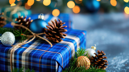 A beautifully wrapped Christmas gift in blue plaid, adorned with pinecones and ornaments, set against a blurred festive background that evokes holiday spirit.の素材