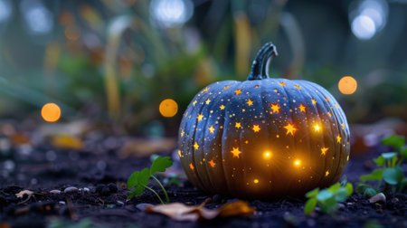 A beautifully carved pumpkin glows with star designs, emanating warmth and charm in a dark garden setting, perfect for Halloween festivities.の素材