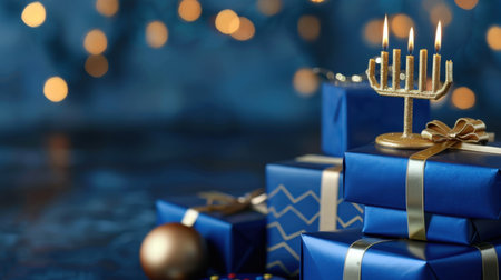 Celebrate the spirit of the season with beautifully wrapped blue gift boxes adorned with golden ribbons, paired with a charming menorah, all set against a soft bokeh background.の素材