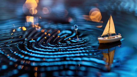 A captivating image of a miniature sailboat on a reflective water surface, showcasing ripples and a vibrant bokeh light background. Perfect for conveying tranquility.の素材