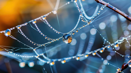 This captivating image showcases a close-up view of a spider web adorned with glistening water droplets, illuminated by soft morning light.の素材
