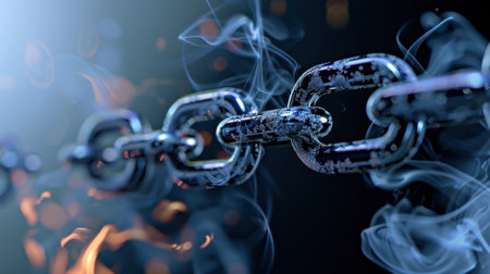 This artistic image showcases a strong metallic chain intertwined with swirling smoke and flame effects against a dark background, symbolizing resilience.の素材