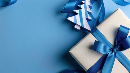 A beautifully wrapped blue gift box featuring a satin ribbon and a charming Christmas tree ornament on a light blue backdrop, perfect for holiday celebrations.の素材