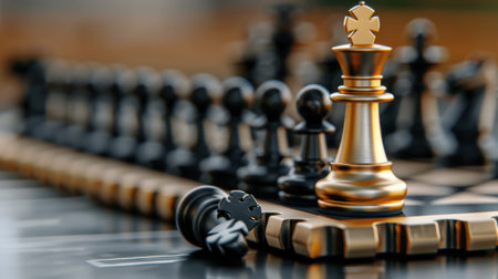 A close-up view of an elegant chess set featuring a stunning golden king piece and an assortment of black and white pieces on a wooden board.の素材