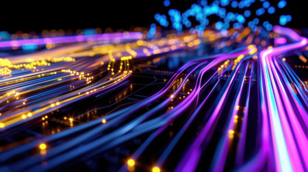 This vibrant abstract image showcases colorful waves of light, blending shades of blue, purple, and yellow. Perfect for technology and data visualizations.の素材