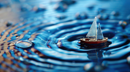 A miniature sailboat floats gently on a rippled water surface, showcasing intricate reflections and droplets, capturing a serene moment in blues.の素材