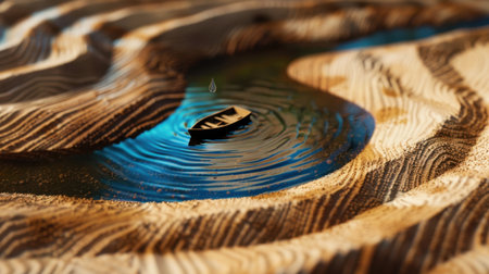 A captivating scene featuring a small boat floating on smooth waters surrounded by artistic sand patterns, creating a tranquil atmosphere.の素材