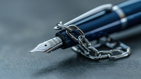 A close-up view of an elegant fountain pen with a fine nib, secured by a silver chain, resting on a textured dark surface, ideal for writing enthusiasts.の素材