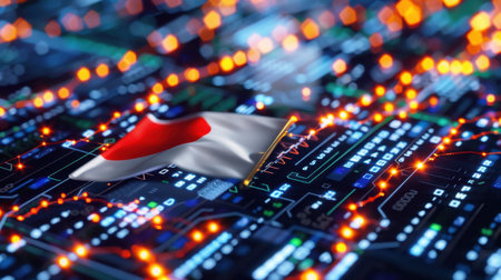 This digital artwork combines an abstract circuit board backdrop with a flag element, representing technology and connectivity in a vibrant design.の素材