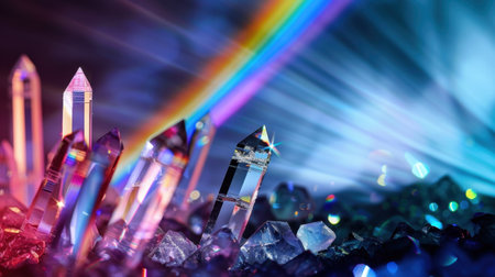 Discover the enchanting beauty of vibrant crystals illuminated by a rainbow, creating a mesmerizing display of colors and light. Perfect for artistic themes.の素材