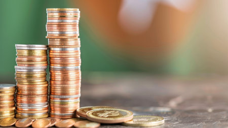 A close-up view of stacks of coins representing financial growth, with golden coins in the foreground. This image captures the essence of investment and wealth management.の素材