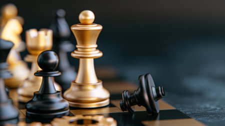 Explore the intense moment in a chess game featuring elegant gold and black pieces. The focus highlights strategic moves, competition, and the essence of tactical decision-making.の素材