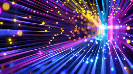 This captivating image showcases vibrant light trails radiating in various colors, creating a stunning abstract motion background perfect for digital art, design, or visual projects.の素材