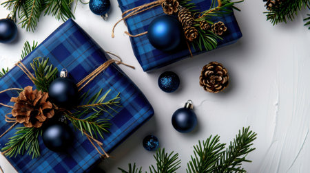 Two elegant blue gift boxes adorned with pinecones and ornaments, surrounded by pine branches, create a perfect holiday atmosphere in this festive composition.の素材