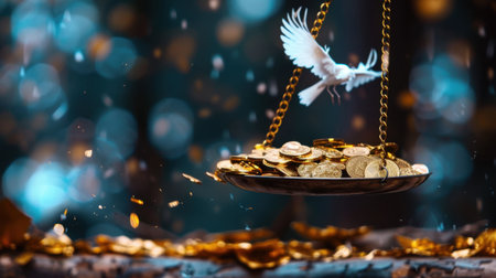 A visually striking image showcasing a scale weighed down by gold coins, featuring a white bird in flight, symbolizing balance, prosperity, and hope.の素材