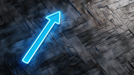 A bright neon arrow illuminates a textured dark surface, conveying a sense of growth and direction while creating an eye-catching modern aesthetic.の素材