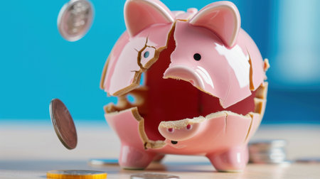 A shattered piggy bank displays a vivid representation of financial distress. Coins scatter across a wooden surface, indicating unexpected expenses and budget challenges.の素材