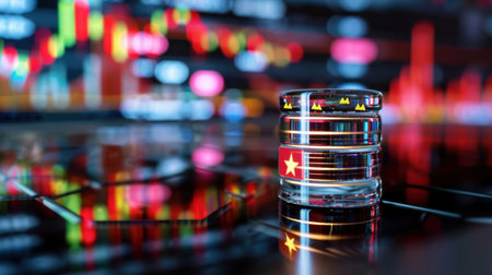 A glass jar featuring the Vietnamese flag stands prominently on a reflective surface, surrounded by vibrant stock market data and financial graphs.の素材
