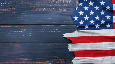 This image showcases a torn American flag against a rustic wooden background, representing patriotism and independence. The distressed texture adds character.の素材