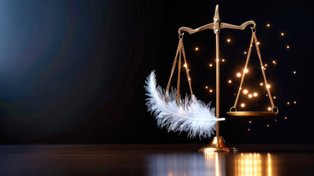 This artistic representation features a golden scale of justice, delicately balanced with a soft feather, amidst shimmering sparkles on a dark background.の素材