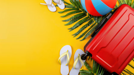 A vibrant composition featuring essential summer items like a red suitcase, beach ball, and flip flops, surrounded by lush green palm leaves on a sunny yellow backdrop.の素材