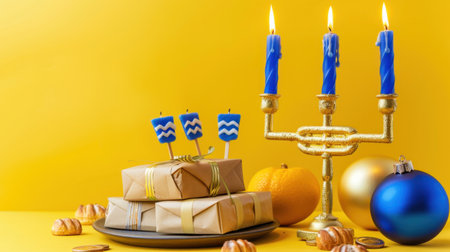 A vibrant celebration scene featuring wrapped gifts, blue candles, and festive decorations on a bright yellow background. Perfect for birthday themes.の素材