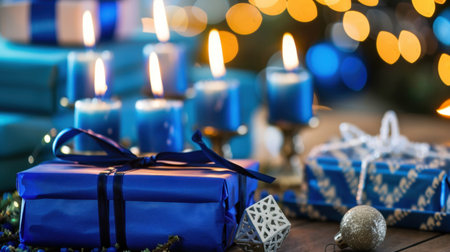 A captivating arrangement of blue wrapped presents and glowing candles, creating a warm and inviting atmosphere perfect for holiday celebrations.の素材