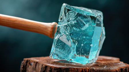 A captivating close-up image of an ice cube being shattered by a wooden hammer. The bright blue hues and textures create a striking visual, perfect for culinary or beverage themes.の素材
