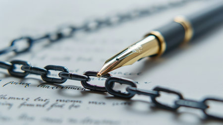 A stunning close-up of an elegant fountain pen resting on an open letter, intertwined with black chains, representing connection and creativity.の素材