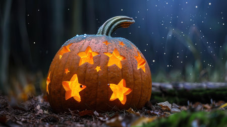 A beautifully carved pumpkin featuring cutout stars emits a warm glow amidst fallen leaves in a dreamy forest scene, capturing the essence of autumn and Halloween.の素材