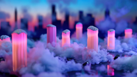 This enchanting abstract scene features neon pillars rising from colorful clouds, creating a dreamy atmosphere against a vibrant city skyline at dusk.の素材