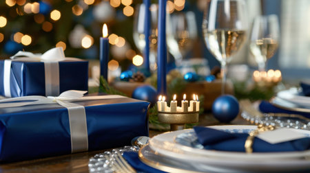 A beautifully arranged Christmas table featuring blue and gold decorations, festive gifts, candles, and elegant glassware, creating a warm holiday atmosphere.の素材