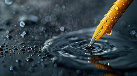 This stunning close-up captures a yellow pen creating ripples in water with raindrops, highlighting vibrant colors and textures against a dark backdrop.の素材