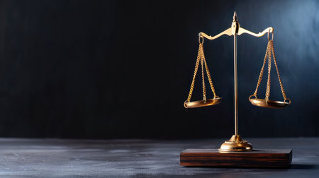 A stunning gold scale of justice presented against a dark backdrop, representing law and equity. Ideal for legal, business, or professional themes.の素材