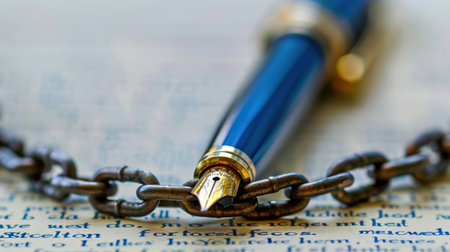 A stunning close-up of a luxurious fountain pen resting on vintage paper, secured by a decorative chain. Perfect for themes of writing, elegance, and history.の素材
