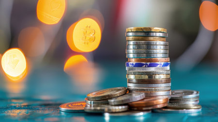 A vibrant and colorful arrangement of stacked coins with a blurred background featuring lights and symbols of digital currency, representing finance and wealth.の素材