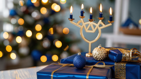 A cozy Christmas scene featuring a glowing menorah, blue wrapped gifts, and a beautifully decorated tree, embodying holiday warmth and joy.の素材