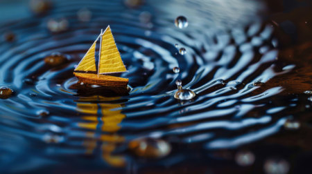 A delicate wooden sailboat floats peacefully on a calm surface of water, with ripples and droplets creating a mesmerizing display of reflections and patterns.の素材