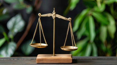 A golden balance scale sits elegantly on a wooden base, surrounded by lush green foliage, symbolizing justice and equity in a peaceful setting.の素材